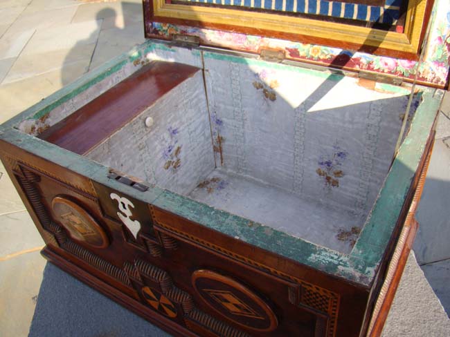 A FABULOUS 19th century British sailor-made walnut chest with applied moldings, fruitwood inlays and a whalebone keyhole escutcheon circa 1865-1880. — image 7